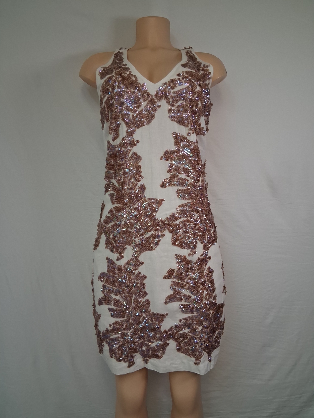 J. Crew White Mini Dress with Rose-Gold Sequin Leaf Appliqué Sz 4